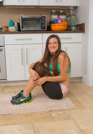 18 year old girl Hailey Little takes off yoga attire to stand naked